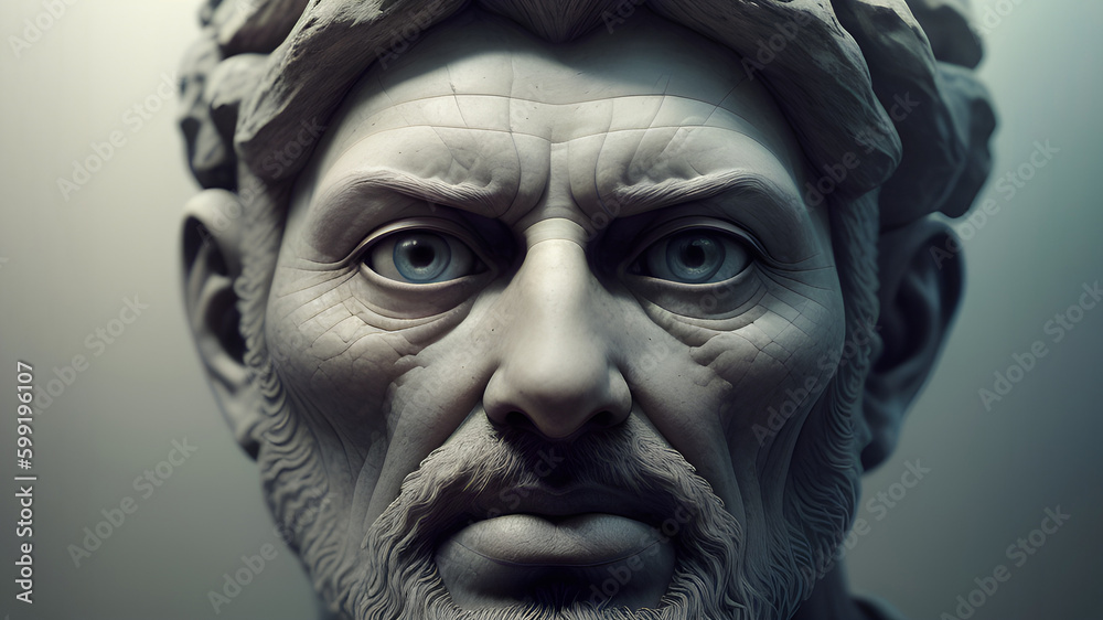 close-up stone sculpture of a man's head with lively blue eyes. generative ai close-up stone sculpture of a man's head with lively blue eyes. generative ai