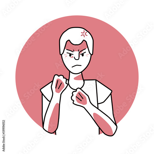 Young boy with angry emotion, facial expression with hands. Annoyed teenager, expressing his negative feelings with gestures. Red vector circle icon.