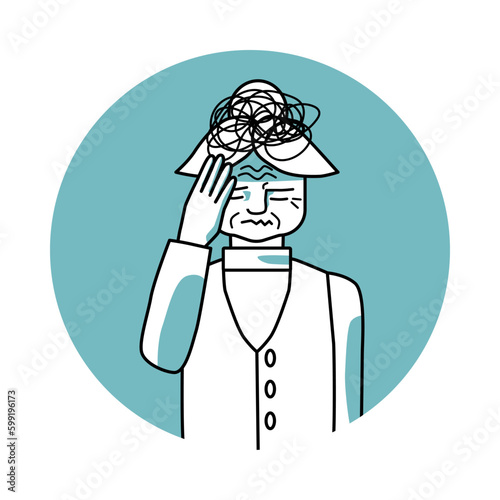 Stressed old woman with emotion of anxiety, facial expression with gestures. Stressful mood grandmother, expressing her worry feelings. Green vector circle icon.