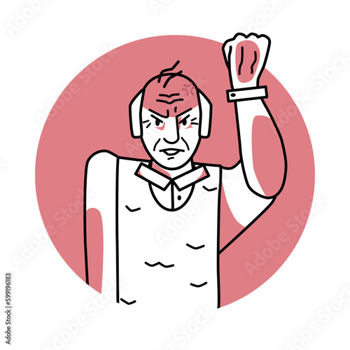 Old man with angry emotion, facial expression with hands. Annoyed grandfather, expressing her negative feelings with gestures. Red vector circle icon.