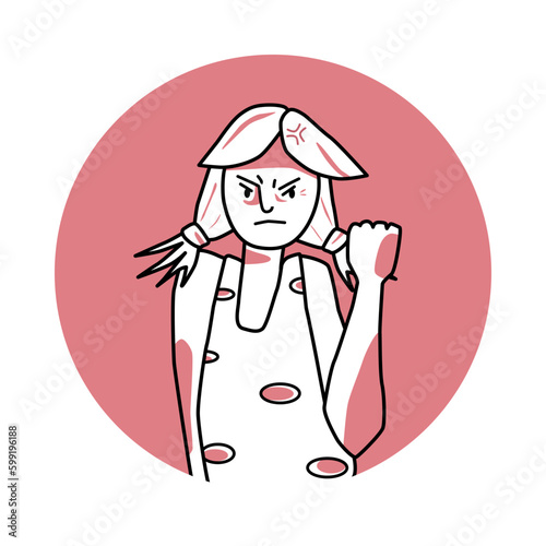 Young girl with angry emotion, facial expression with hands. Annoyed teenager, expressing her negative feelings with gestures. Red vector circle icon.