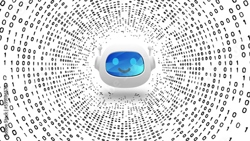 A cute 3D chatbot floating on a tunnel-like background of 0s and 1s representing the revolution in information technology