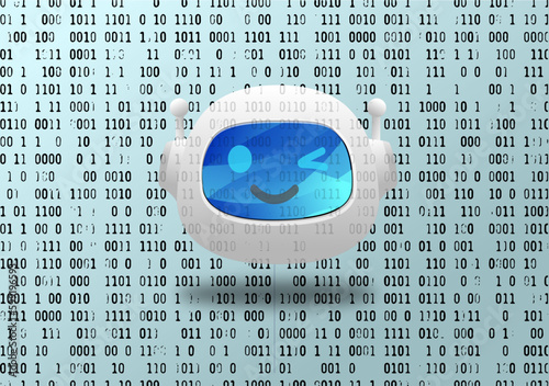 A cute 3D chatbot floating on a background of 0s and 1s representing the revolution in information technology