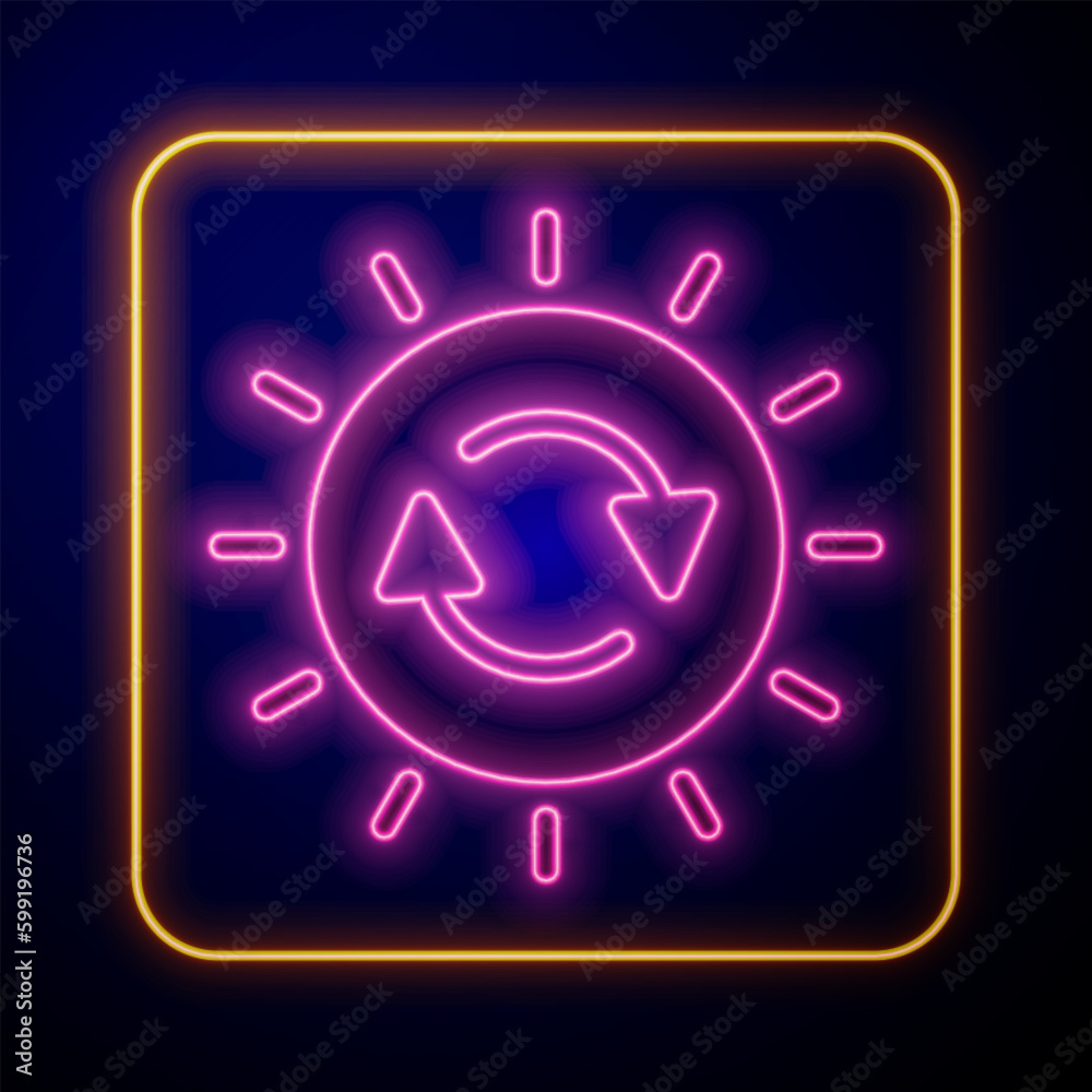 Glowing neon Solar energy panel icon isolated on black background. Sun with lightning symbol. Vector Glowing neon Solar energy panel icon isolated on black background. Sun with lightning symbol. Vector