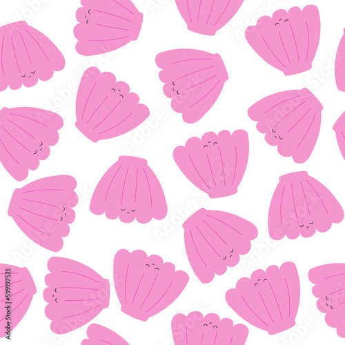 Pink cute shell seamless pattern. Sea summer print. Vector hand drawn illustration. © bilaaa