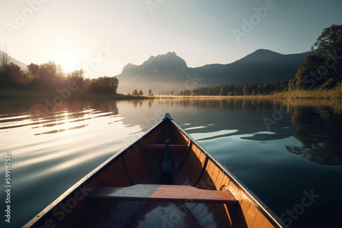 Canoe floating on a serene mountain lake surrounded by tall pine trees on a peaceful morning. Ai generated © twindesigner