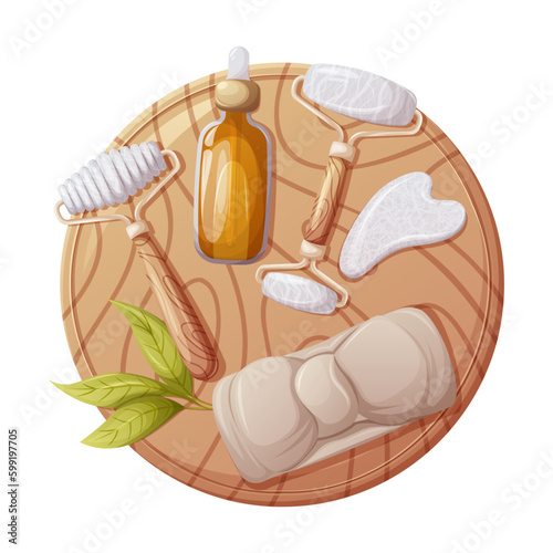 Round wooden board with gua sha tools, headband, oil serum. Top view. Health and beauty. Trendy vector illustration