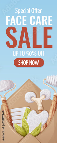 Face care sale banner. Envelope with gua sha massage tools. Scraper, rollers, comb of natural stone. Vector illustration. Vertical narrow template. For poster, advertising, special offer, website.