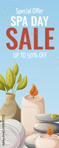 Spa day sale promotion banner. Stones, burning candles. Towel, vase with leaves. For salon, massage. Vector illustration. Vertical narrow template. For poster, advertising, special offer, website. photo