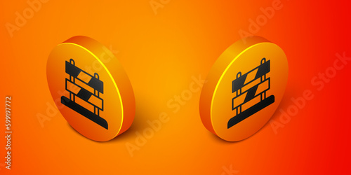 Isometric End of railway tracks icon isolated on orange background. Stop sign. Railroad buffer end to destination. Orange circle button. Vector