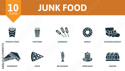 Junk food outline set. Creative icons: french fries, popcorn, corndog, donut, chicken nugget, sandwich, pizza, milkshake, pancakes, onigiri.