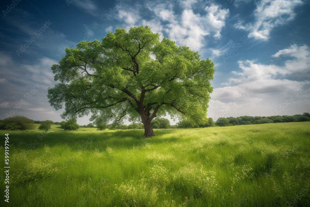 Oak Tree in Meadow. Calming landscape of a meadow with an oak tree in the middle.Ai generated