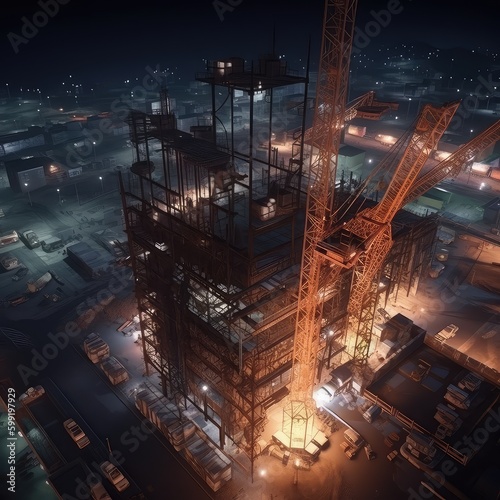 View of a large construction area in modern city. Tower cranes in action on night sky background. AI generative art Generative AI