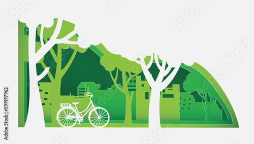 Green of eco friendly city and urban forest landscape abstract background.Vector illustration in paper cut style