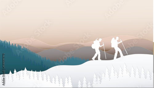 Backpacker climbing to the top of  frost.Vector paper cut style.