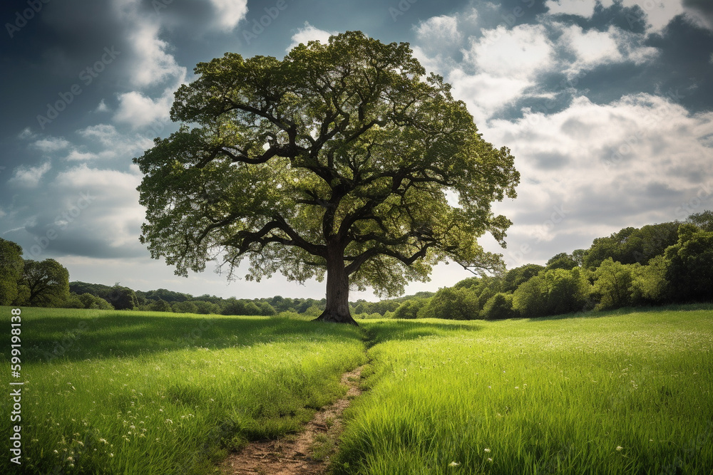 Oak Tree in Meadow. Calming landscape of a meadow with an oak tree in the middle.Ai generated