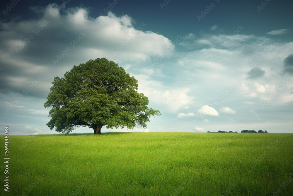 Oak Tree in Meadow. Calming landscape of a meadow with an oak tree in the middle.Ai generated Oak Tree in Meadow. Calming landscape of a meadow with an oak tree in the middle.Ai generated