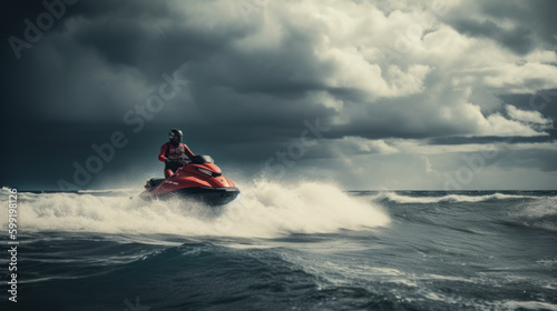 Lifeguard rushing to rescue on jet ski during rough sea conditions, generative ai © ArgitopIA
