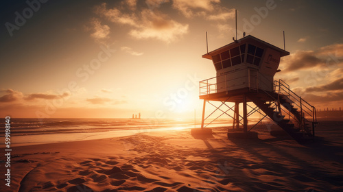 Lifeguard tower on beach during sunset for safety and surveillance, generative ai