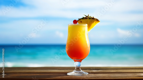 Pain Killer cocktail on background with blue sea and sky tropical background. Generative AI