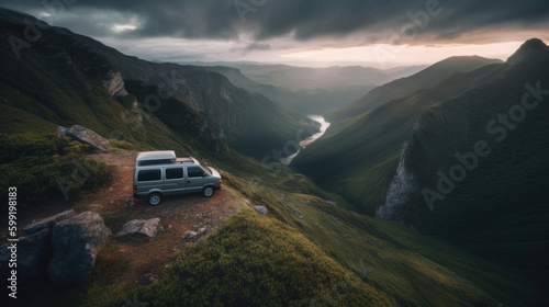 Aerial view of camper van atop a mountain, overlooking splendid valley landscape with river, nomadic lifestyle, generative ai