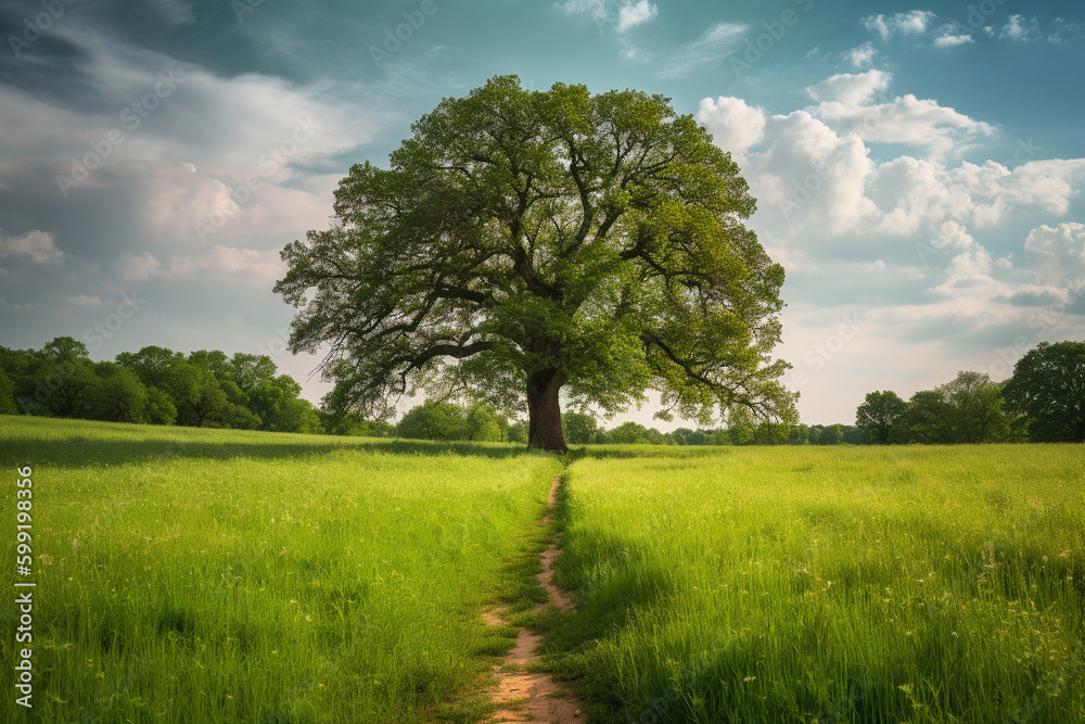 Oak Tree in Meadow. Calming landscape of a meadow with an oak tree in the middle.Ai generated Oak Tree in Meadow. Calming landscape of a meadow with an oak tree in the middle.Ai generated