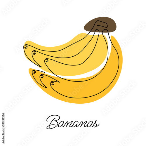 Vector illustration of bunch of bananas with lettering. Continuous drawing with one line. Vector illustration. Black line on a white background with colored spots