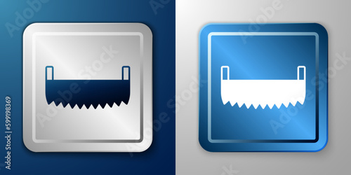 White Two-handed saw icon isolated on blue and grey background. Silver and blue square button. Vector