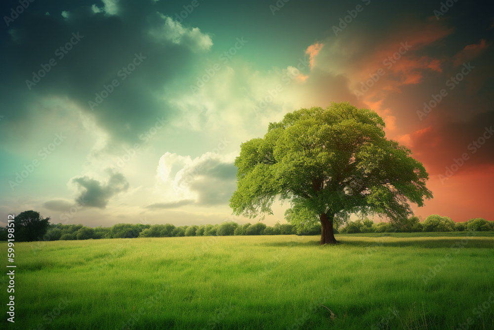 Oak Tree in Meadow. Calming landscape of a meadow with an oak tree in the middle.Ai generated Oak Tree in Meadow. Calming landscape of a meadow with an oak tree in the middle.Ai generated