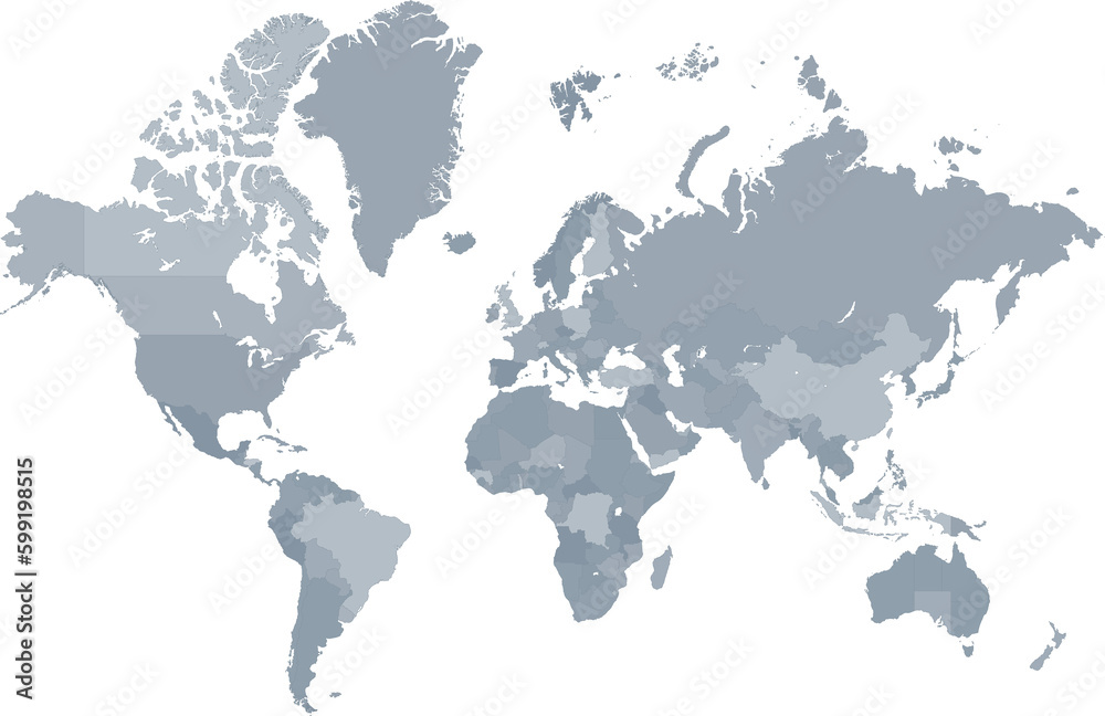 Grayscale highly detailed world map on transparent background - obrazy, fototapety, plakaty 