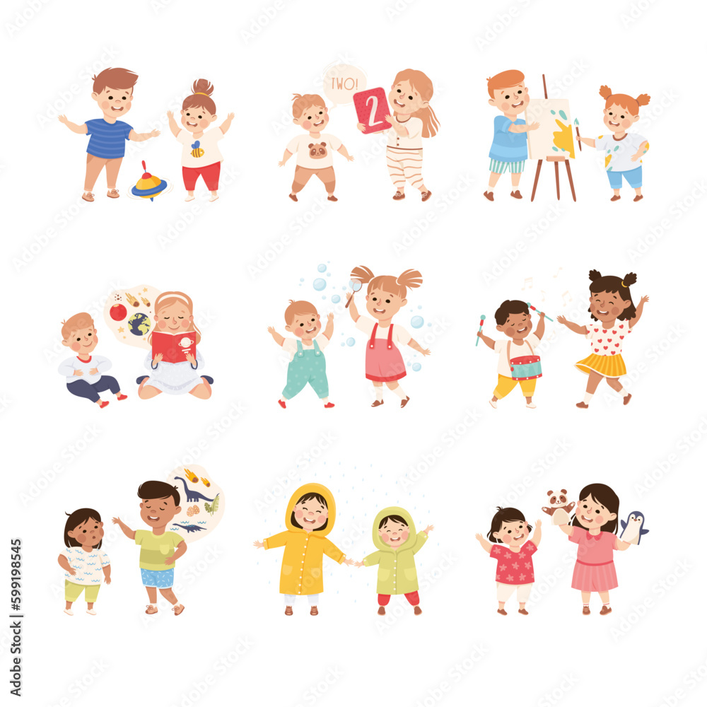 Happy cute kids playing together. Boys and girls painting, blowing soap bubbles, playing drum, walking cartoon vector illustration