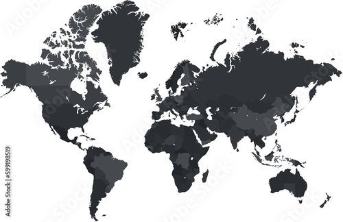 Dark grayscale highly detailed world map on transparent background