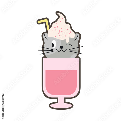 Vector illustration of cute kawaii hand drawn cat in anime style in a glass of strawberry cocktail, favorite catcktail, drawing for children s menu, cocktail party EPS
