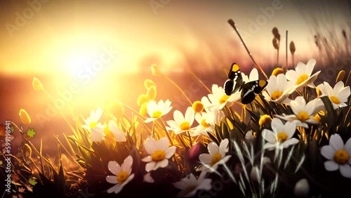 Spring flower meadow. Sun and butterfly animation. 30 second loop