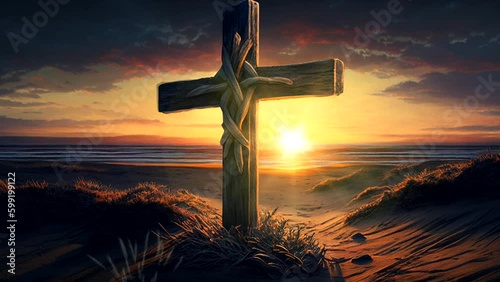 Wooden cross. Religious symbol. Animation of the sky and the rays of the sun. 30 second loop