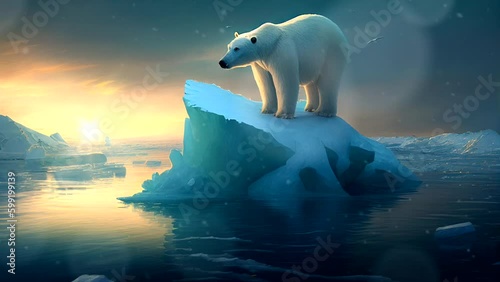 A polar bear on an ice floe. Global warming concept. Animation. 30 second loop
