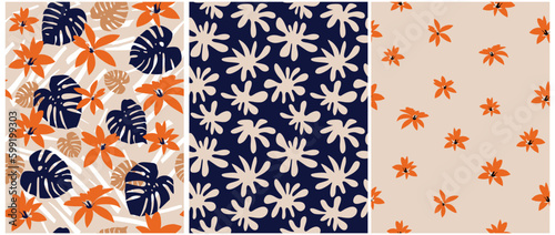 Modern Irregular Floral Seamless Vector Pattern. Simple Tropical Leaves Design. Abstract Jungle Print with Hand Drawn Orange Orchid Flowers and Monstera Leaves on a Beige and Dark Blue Background.