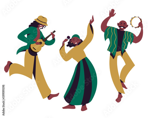 
vector illustration set of dancing and singing people in colorful outfits with musical instruments, a girl with a microphone, a man in a hat with a guitar and a bald man with a tamborine