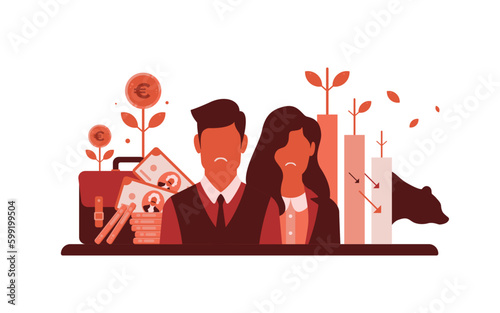 Well dressed man and woman with sad faces shows downturn or decline of european economy or value of euro or bear market