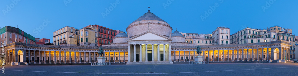 Neaples - The Basilica Reale Pontificia San Francesco da Paola - Piazza del Plebiscito square in the morning dusk.