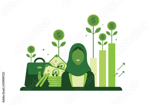 Formally dressed muslim woman with happy face shows upturn or growth of united states economy or value of us dollar