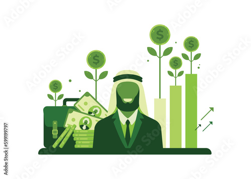 Formally dressed muslim man with happy face shows upturn or growth of united states economy or value of us dollar