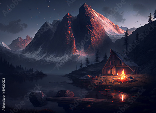 A Warm Campfire Light Illuminating the Night  The Fire is Nestled in the Heart of the Enigmatic Mountain Wilderness Showing Nature Ice and Snow Environment Landscape