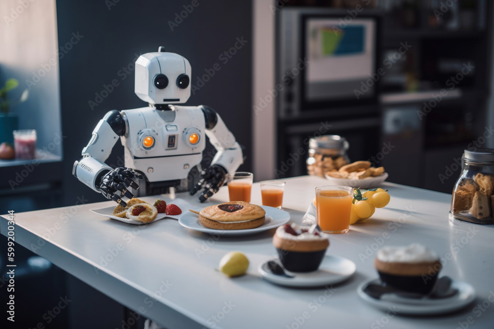 Robot Chef in the kitchen, preparing breakfast with advanced AI technology and modern design.Ai generated Robot Chef in the kitchen, preparing breakfast with advanced AI technology and modern design.Ai generated