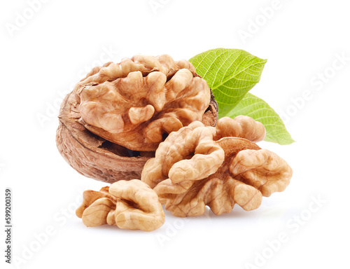 Walnuts in closeup with leaves