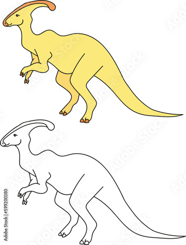 vector children s illustration dinosaur  coloring book page  coloring and black and white version of a yellow reptile dinosaur Parasaurolophus