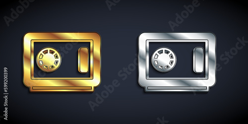 Gold and silver Safe icon isolated on black background. The door safe a bank vault with a combination lock. Reliable Data Protection. Long shadow style. Vector