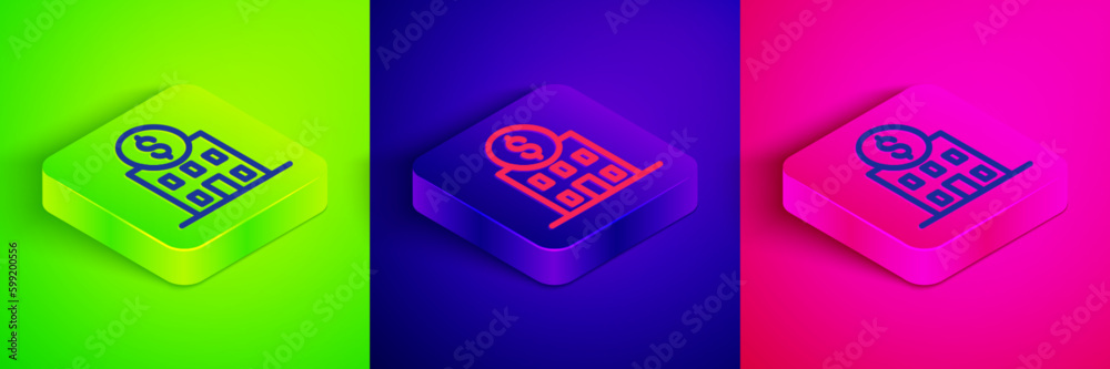 Isometric line Bank building icon isolated on green, blue and pink background. Square button. Vector Isometric line Bank building icon isolated on green, blue and pink background. Square button. Vector