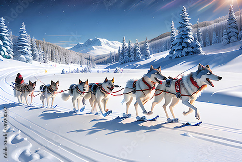 Illustration of dog sleigh in arctic nature.