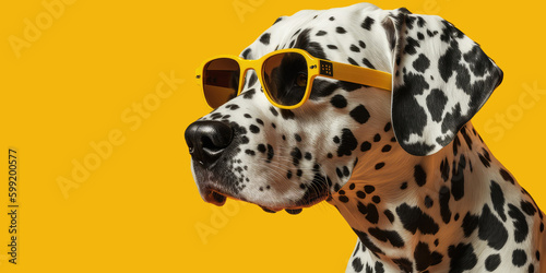 Generative AI image of a funny white poodle dog wears pink sunglasses at studio isolated over pink background. Mascot, puppy, animal concept.
